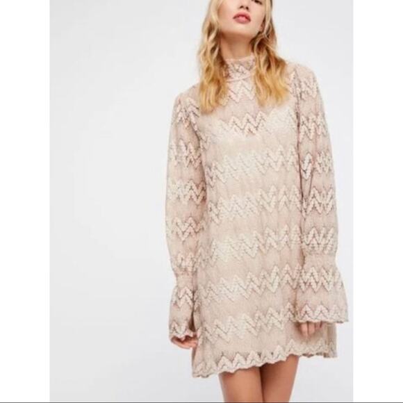 Free People Women's Simone Lace Long Sleeve Mini Dress Neutral Combo X-Small - Picture 1 of 11
